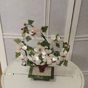 Decorative Floral Jade  Bonsai with White Mother Of Pearl And Coral Flowers